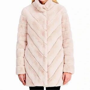 Calvin Klein Women's Sz L Chevron Faux-Fur Coat Glam Dressy Beige